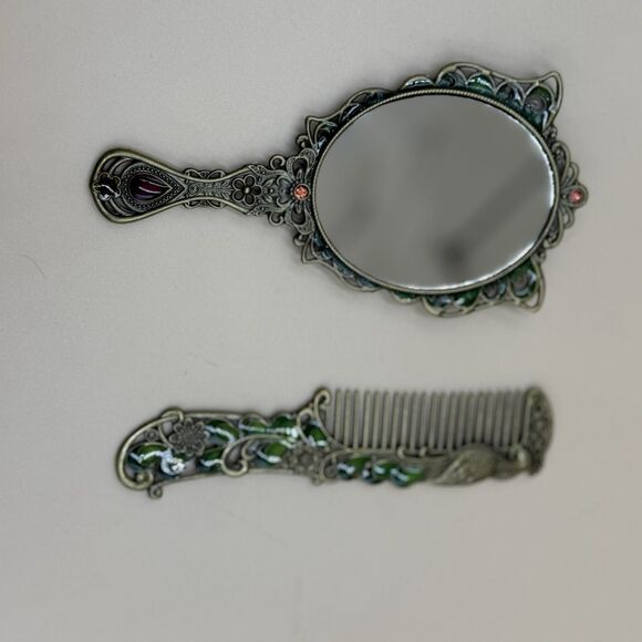 Vintage Style Butterfly Peacock Vanity Mirror & Comb Set Jeweled Enamel - Picture 4 of 5